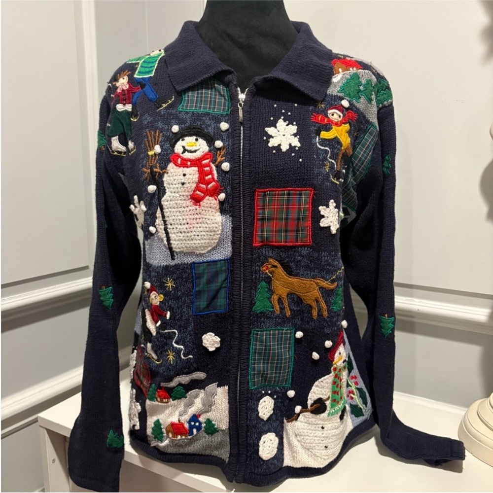 Blue Christmas Zip-Up Sweater with Embroidery and Patchwork